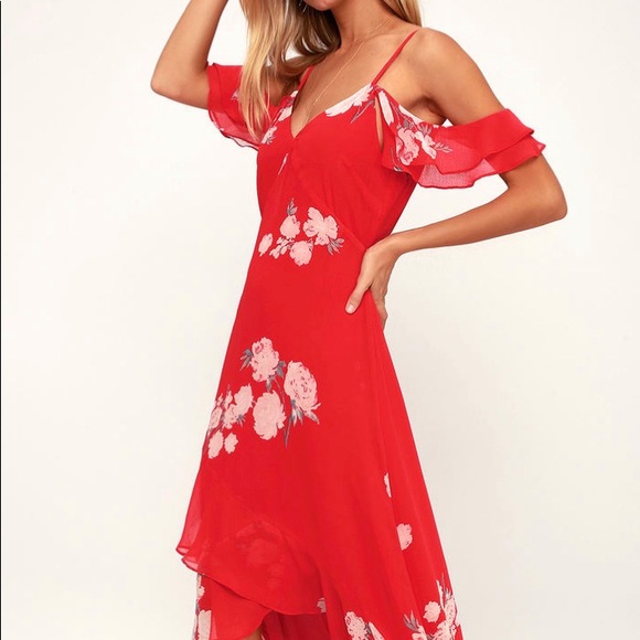 Lulu’s Red Floral Off-the-Shoulder High-low Dress - Picture 2 of 5